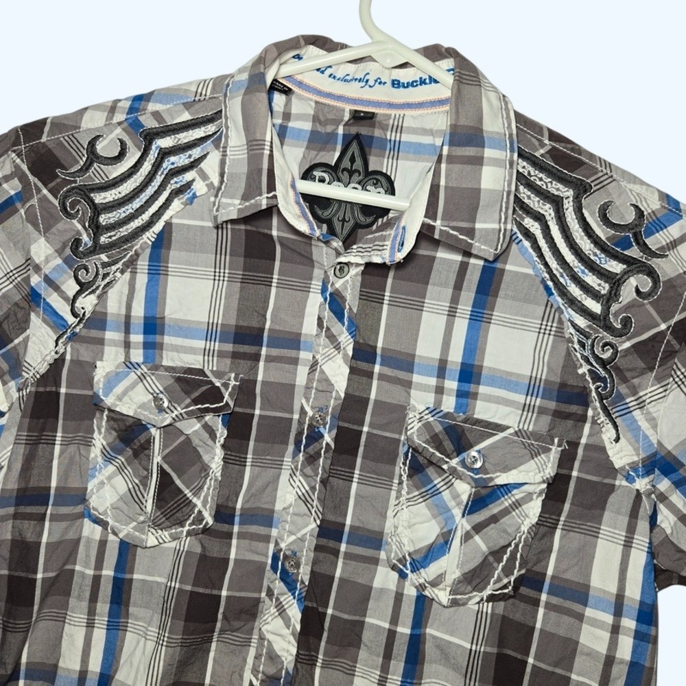 Roar Embroidered Button Down Shirt Grey Blue Plaid Men Large Buckle Graphic Back